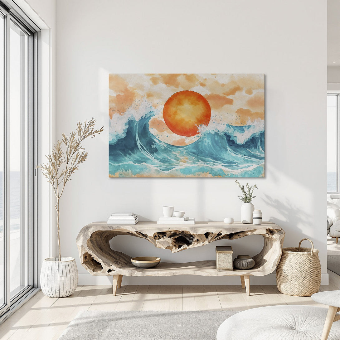 Framed Wall Art: Watercolor ocean waves with a sunset in a modern interior. Teal and orange canvas print adds coastal vibes.
