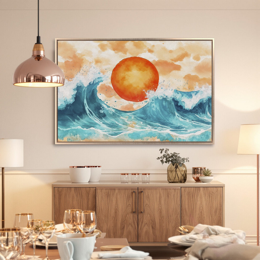 Framed Wall Art: Watercolor ocean scene with sun, teal and orange palette. Coastal decor for a serene interior.