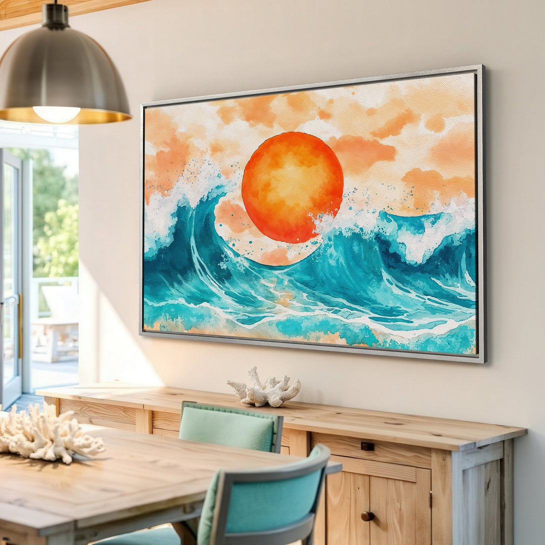 Framed Wall Art: Watercolor ocean waves and sunset canvas print in teal and orange. Coastal art for a relaxing home decor vibe.