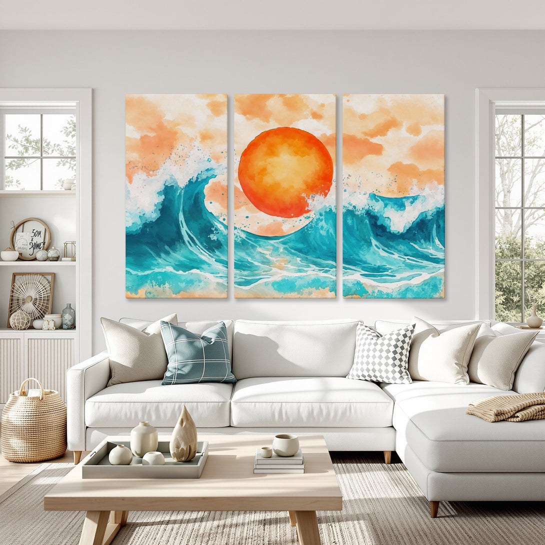 Canvas Print: Abstract ocean waves with a vibrant orange sun, turquoise and orange watercolor palette. Perfect for coastal decor.