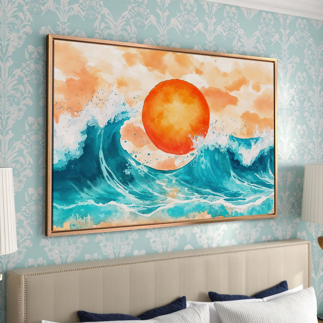Framed Wall Art: Watercolor sunset over ocean waves in teal and orange. Coastal wall decor for a serene bedroom.