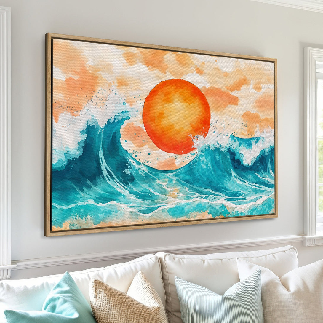 Framed Wall Art: Watercolor sunset over ocean waves. Coastal decor with teal, orange, and beige tones. Perfect for adding a touch of serenity to your home.