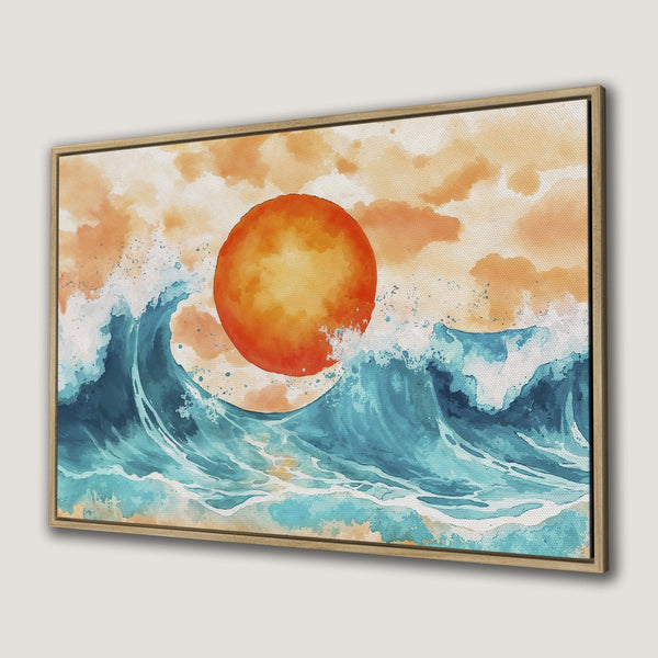 Canvas Print featuring a watercolor sunset over ocean waves. Coastal art in shades of orange, blue, and teal. Perfect for beach house decor.