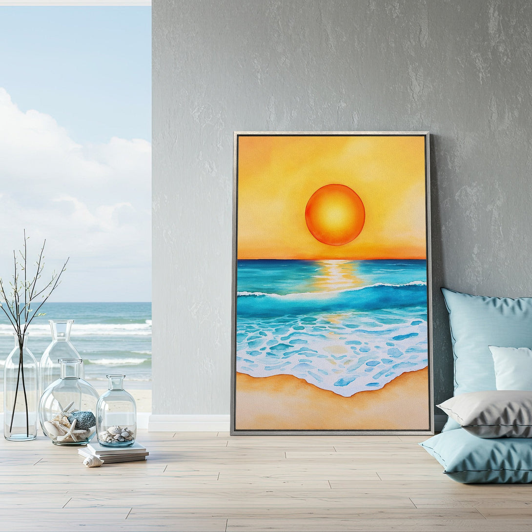 Canvas Print of a watercolor sunset over the ocean in a coastal interior. Features warm yellow, orange, and blue tones. Perfect wall art!