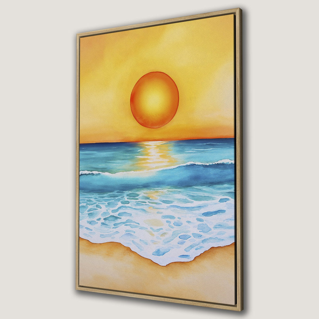 Framed Wall Art of a watercolor sunset over the ocean. Warm yellow and orange hues meet cool blues in this beautiful Canvas Print, perfect for coastal decor.