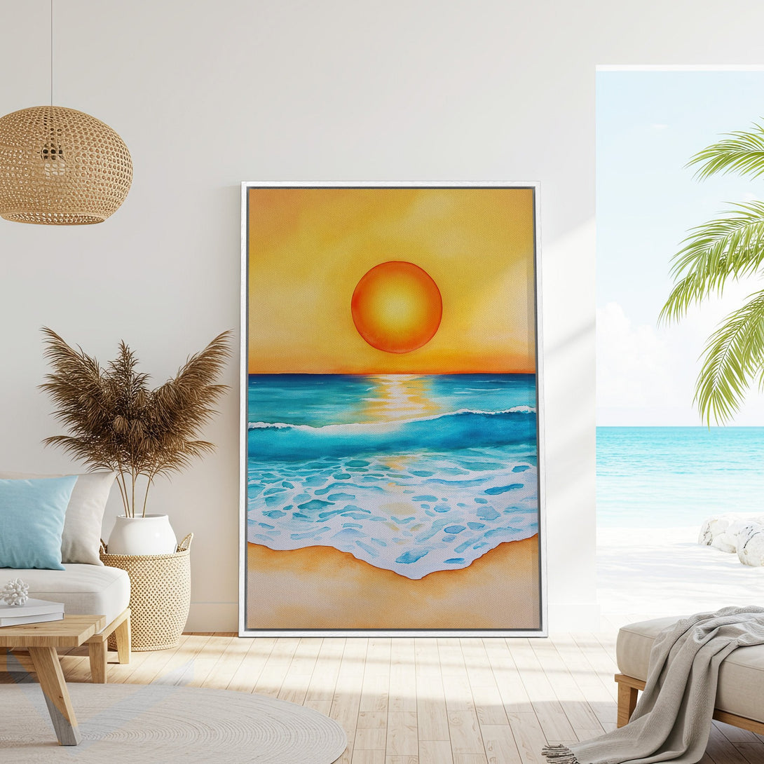 Framed Wall Art: Watercolor sunset over the ocean in vibrant blues & yellows. Coastal decor for a relaxed vibe. Bring the beach home with this canvas print!