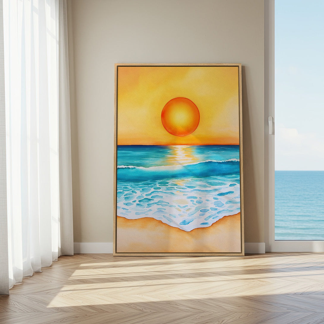 Canvas Print of a sunset beach scene in watercolor style, featuring warm yellow, orange, and blue hues. Perfect coastal wall art for your home.
