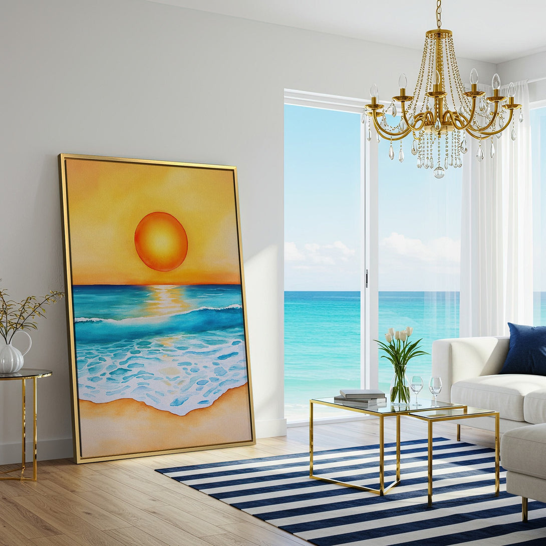 Canvas Print of a sunset over the ocean. Watercolor style art in warm yellow, orange, and blue hues. Perfect beach decor!