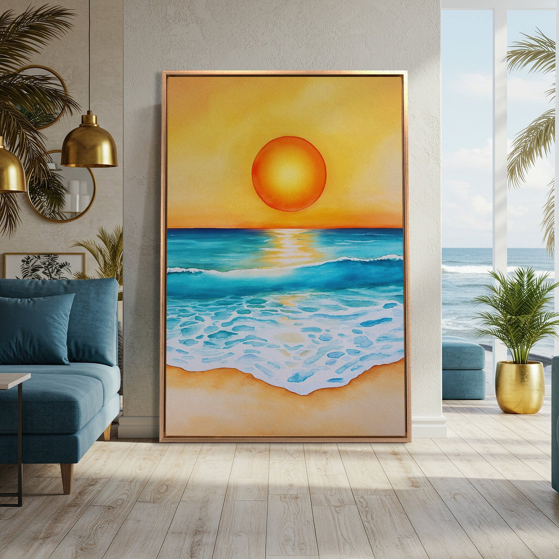 Framed Wall Art: Watercolor beach scene with sunset in warm yellow, orange, and blue hues. Coastal art for a serene living room.