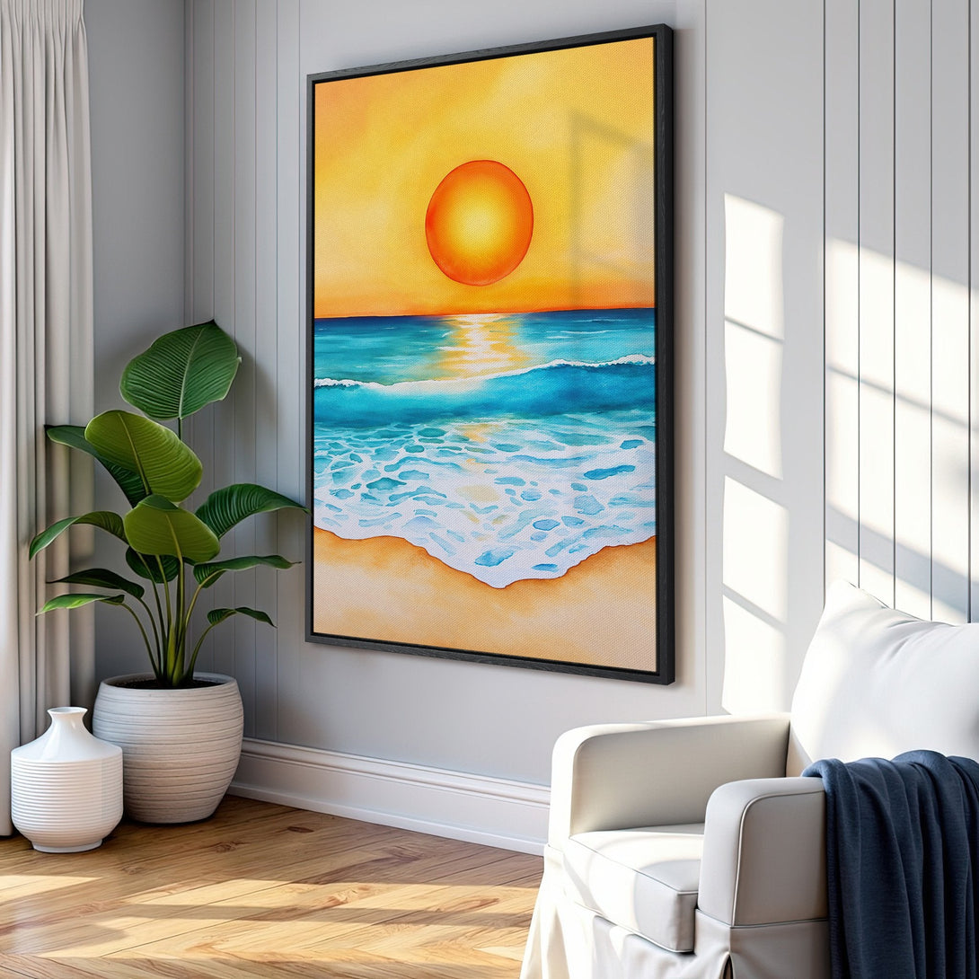 Framed Wall Art: Watercolor sunset beach scene in vibrant orange, blue, and yellow hues. Coastal art perfect for adding a touch of serenity to your home.