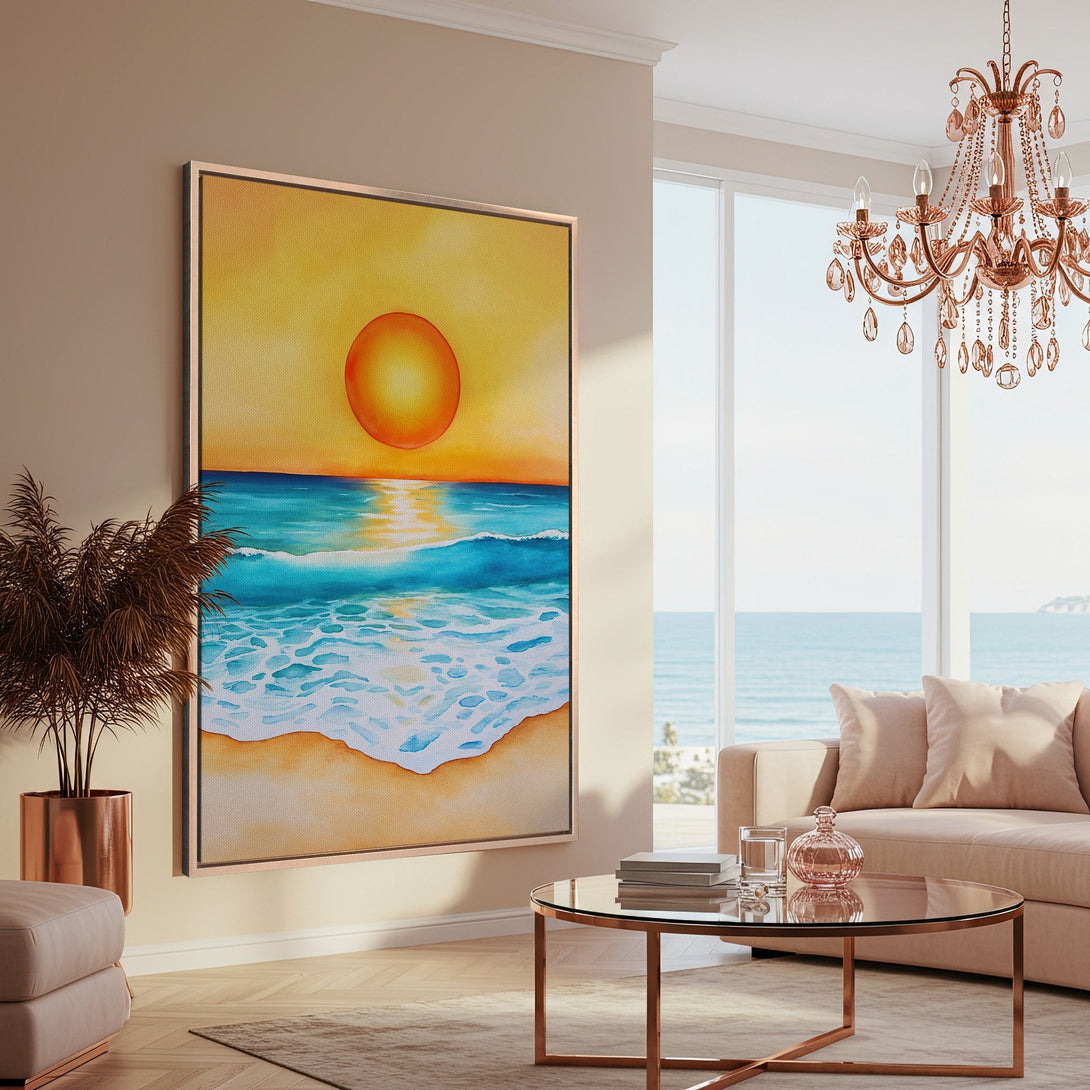Framed Wall Art of a watercolor sunset over the ocean in a modern interior. Warm yellow, blue, and orange color palette for a calming aesthetic.
