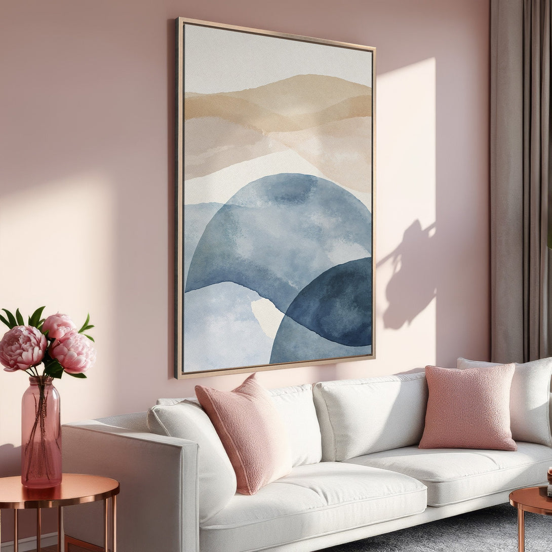 Abstract Canvas Print in a modern interior. Features watercolor style art with blue and beige tones. Perfect wall art for your home!