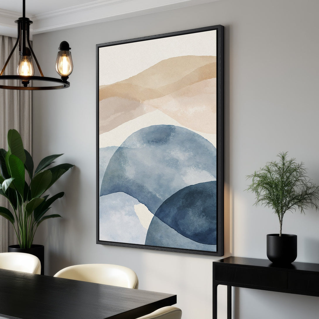 Framed Wall Art: Abstract watercolor Canvas Print in blue and beige tones. Modern art for home decor, perfect for living rooms and bedrooms.