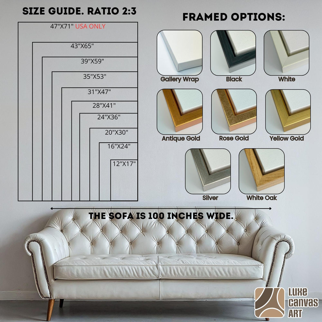 Canvas print size guide with vertical format 2:3 ratio, displaying various sizes in inches and framed options: Gallery Wrap, Black, White, Antique Gold, Rose Gold, Yellow Gold, White Oak, Silver