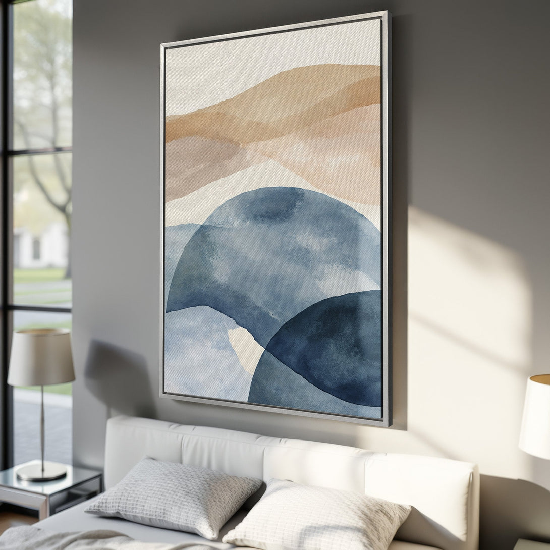 Framed Wall Art: Abstract watercolor landscape in blue and beige tones. Modern art for bedroom decor. Canvas print adds a touch of serenity.