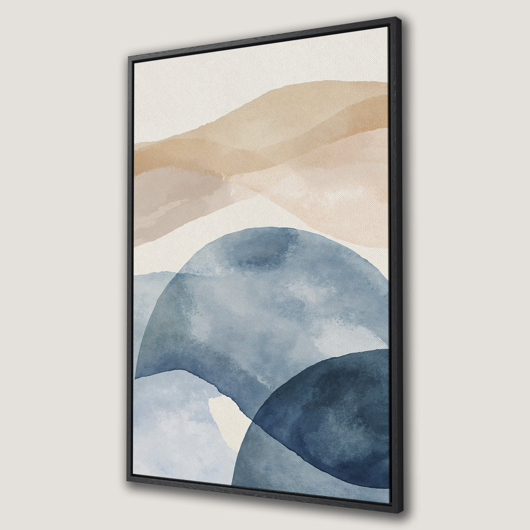 Framed Wall Art featuring an abstract watercolor landscape in calming blues and warm earth tones, perfect for modern home decor.