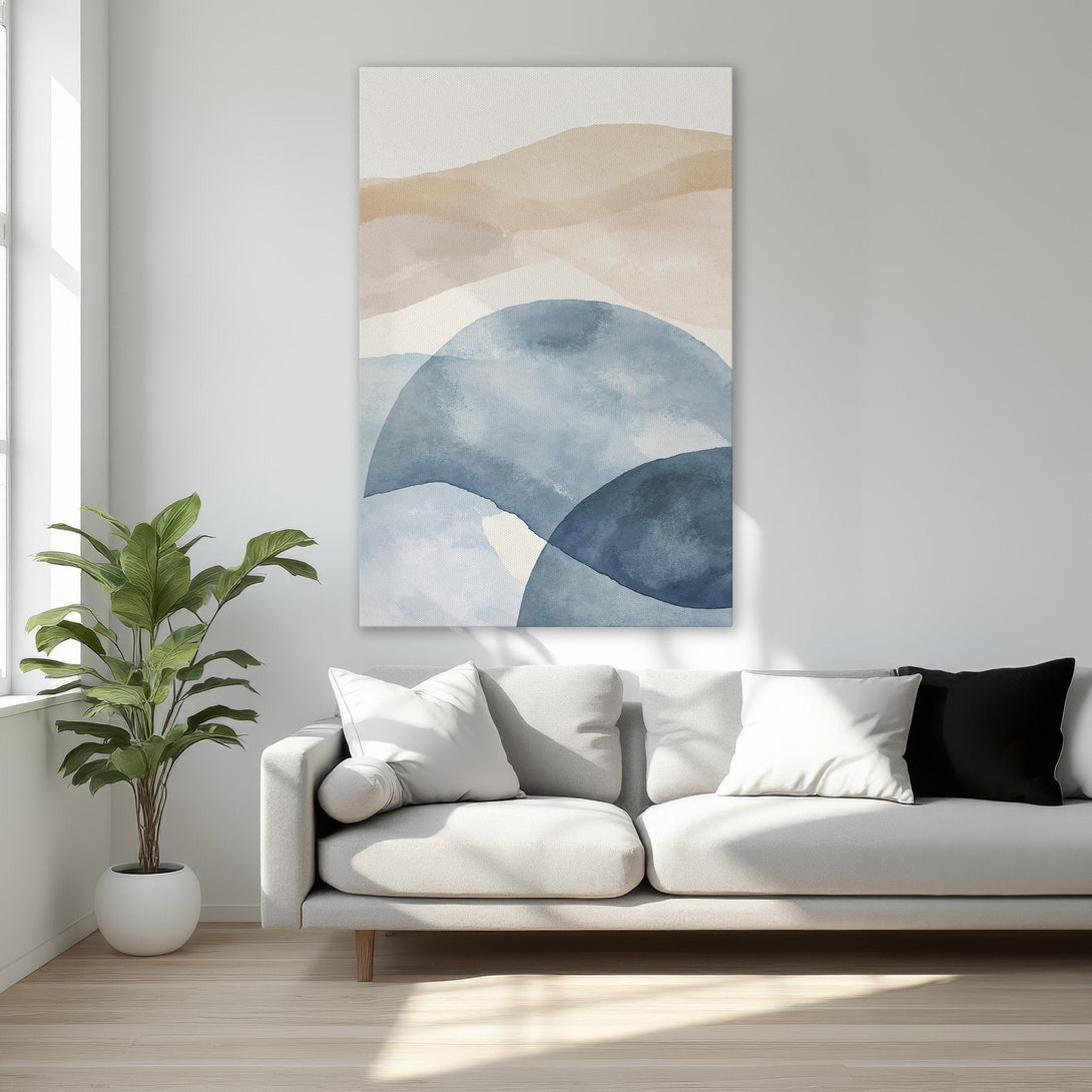 Framed Wall Art featuring abstract watercolor design in blue and beige tones. Perfect for adding a touch of modern elegance to any interior.
