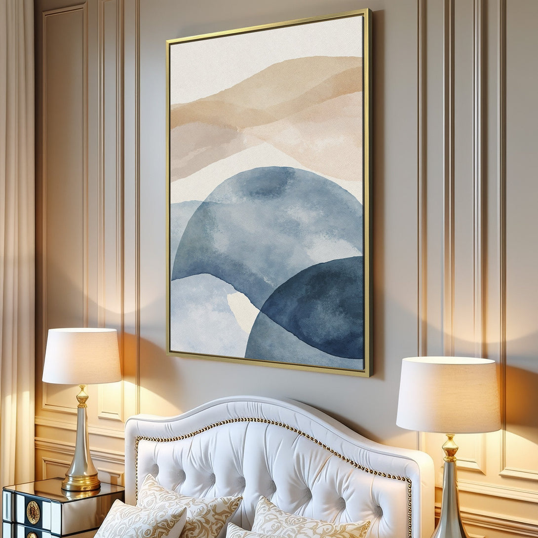 Abstract Canvas Print in a modern interior. Features watercolor style art in calming blue and beige tones. Perfect wall decor!