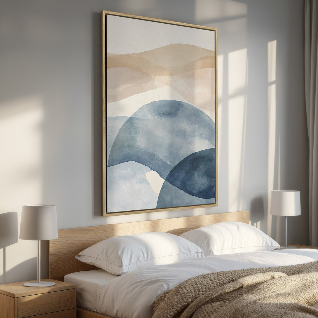 Framed Wall Art: Abstract watercolor landscape in blue and beige tones. Modern art print perfect for bedroom decor. Shop now!