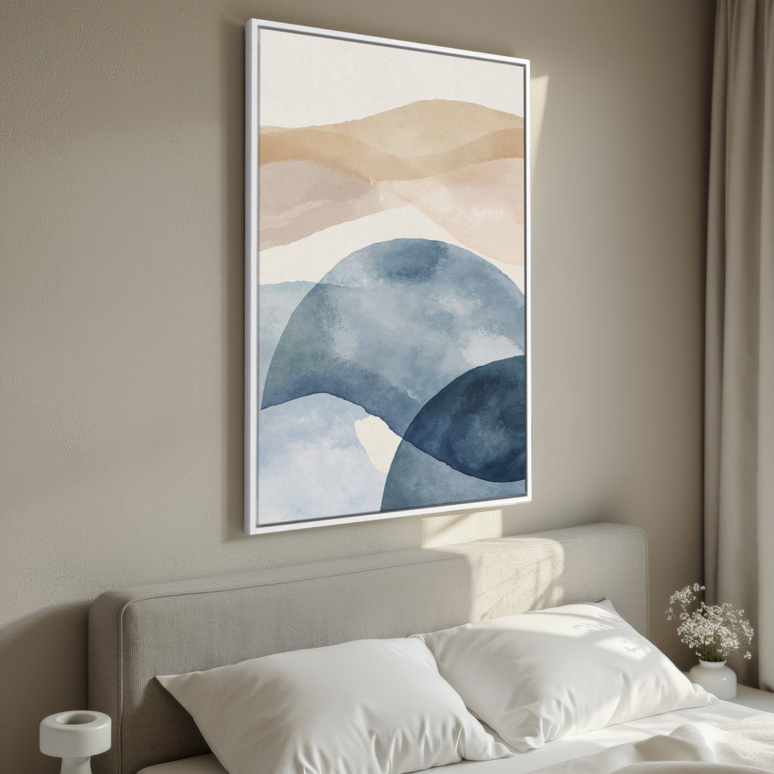 Framed Wall Art featuring abstract watercolor landscape in blue and beige tones. Modern art for bedroom decor. Canvas Print for sale.
