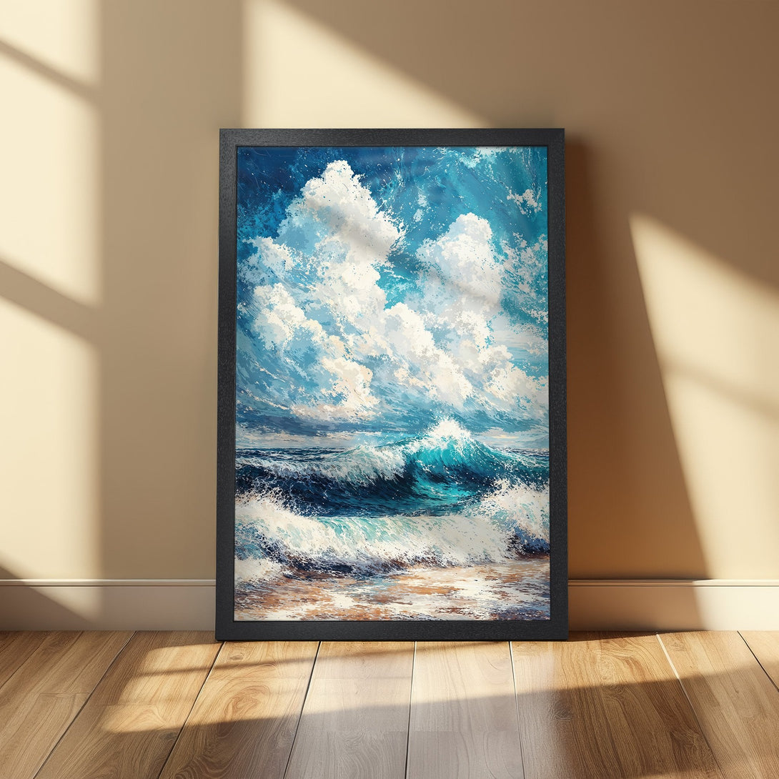 Framed Poster of a vibrant ocean scene with blue and white waves. Artistic style, perfect wall art for a coastal vibe.