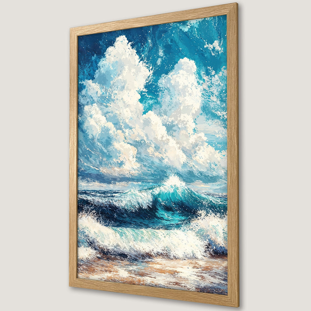 Framed Poster of ocean waves with a blue and white color palette, painted in an impressionistic style. Perfect coastal decor.