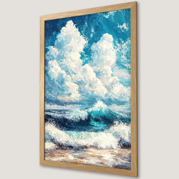 Framed Poster of ocean waves with a blue and white color palette, painted in an impressionistic style. Perfect coastal decor.