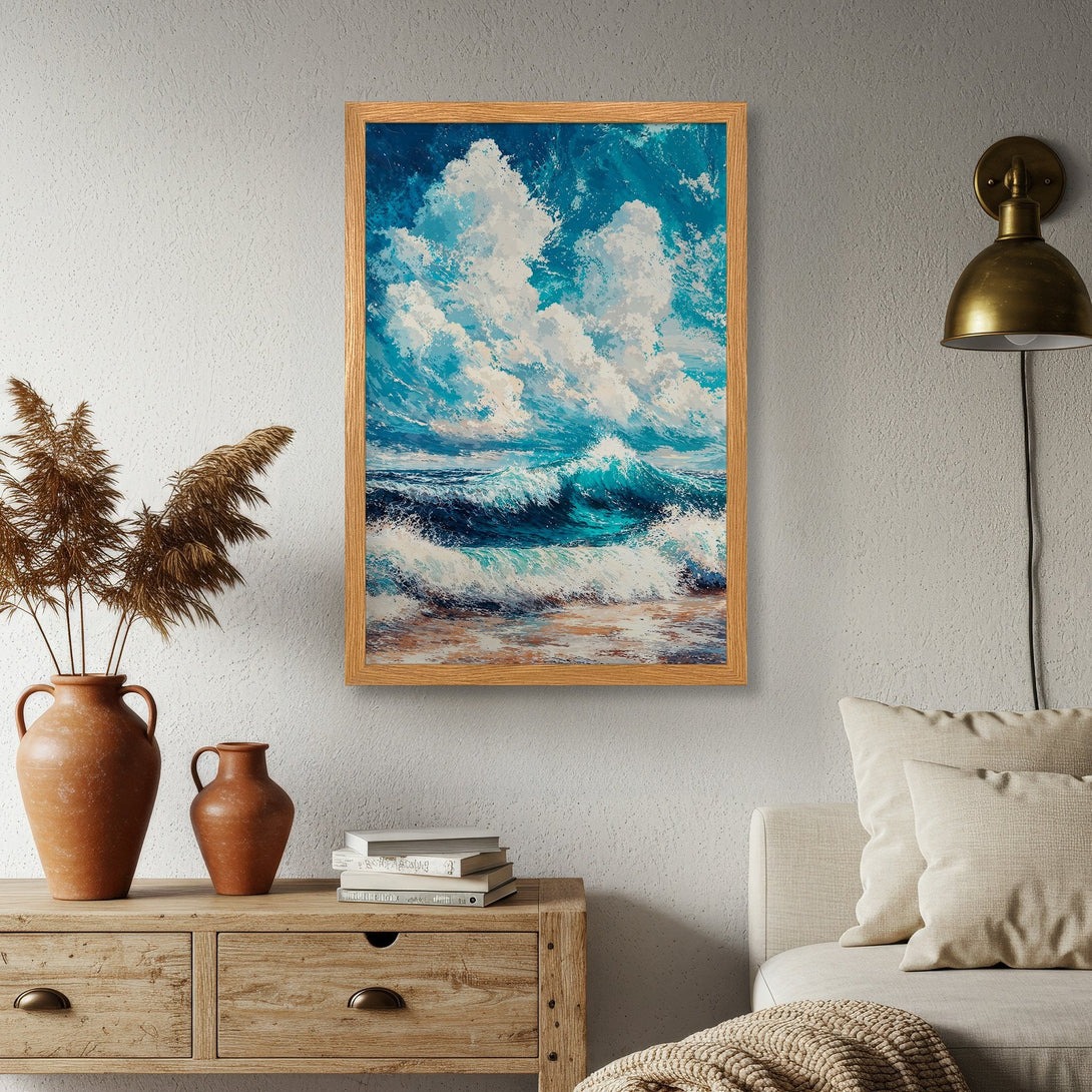 Framed Poster of ocean waves in blue and white, impressionist style, perfect for coastal decor.