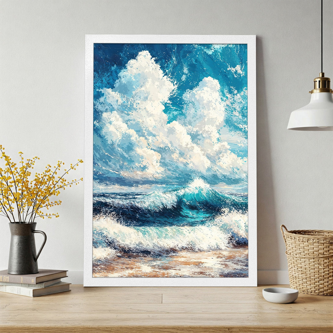 Framed Poster of a dramatic ocean wave art print. Blue and white color palette, impressionistic style, perfect for coastal decor.