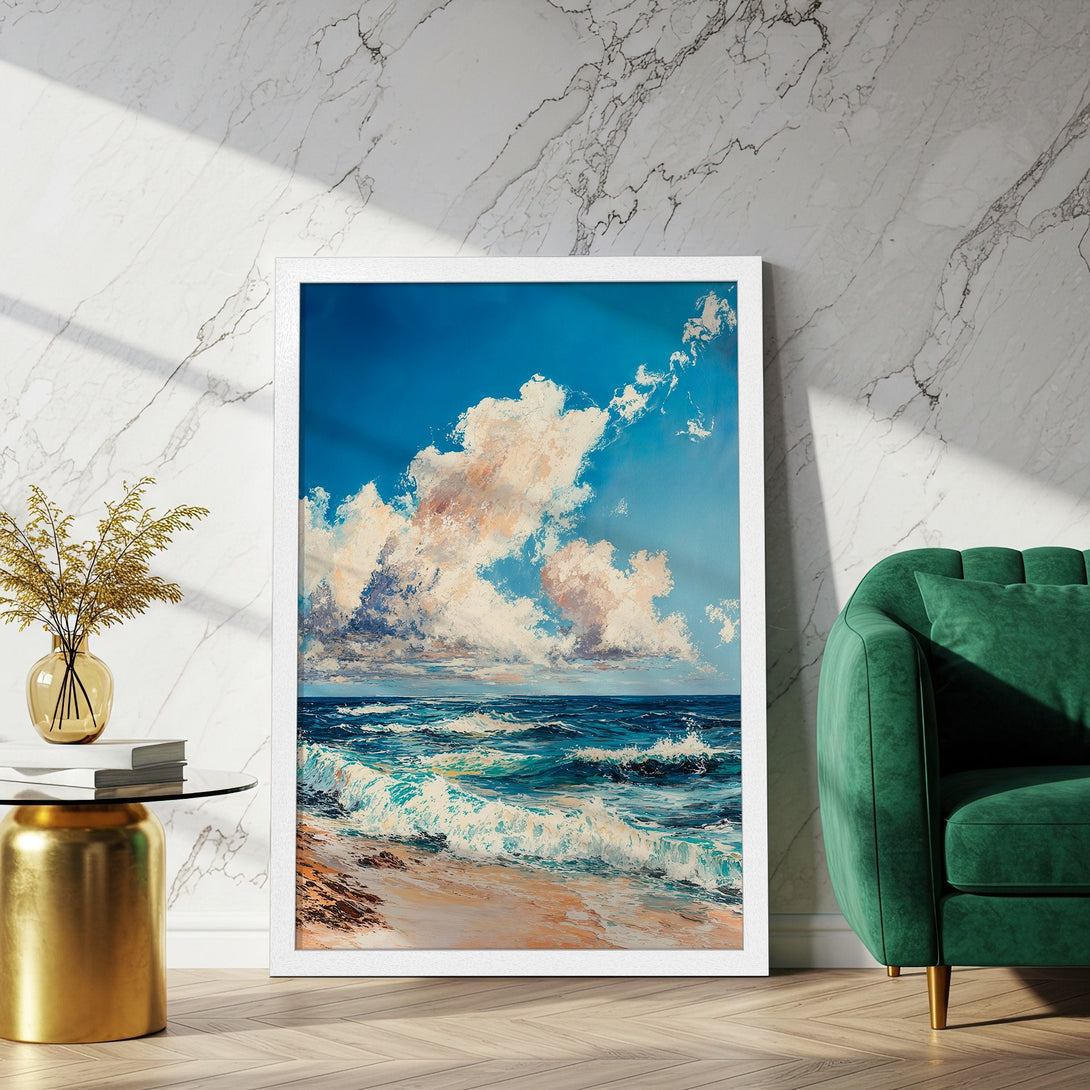 Framed Poster: Ocean waves art print in blue, white, and beige. Coastal decor, perfect for a serene home.