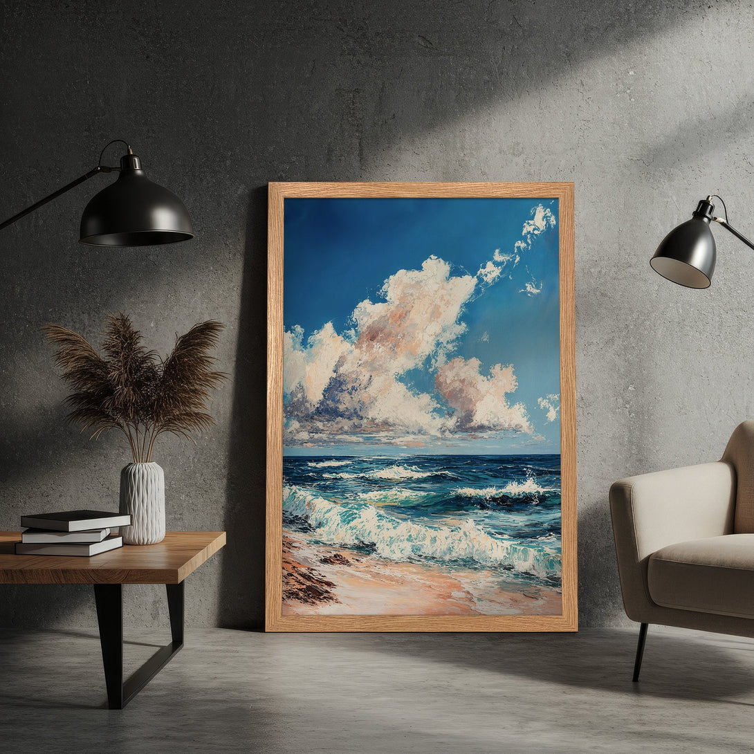 Framed Poster of a seascape painting with blue, white, and beige hues. Coastal art print for home decor, adds a touch of tranquility.