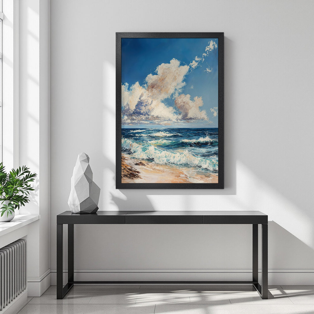 Framed Poster of a serene ocean scene with blue, white, and beige tones. Perfect wall art for a calming coastal vibe.