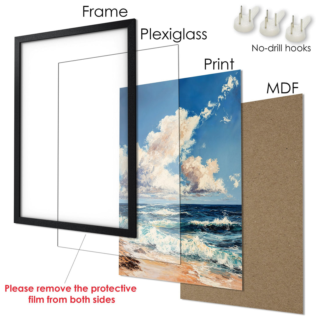 Framed Poster featuring a seascape painting in blue and beige tones. Perfect art for your home!