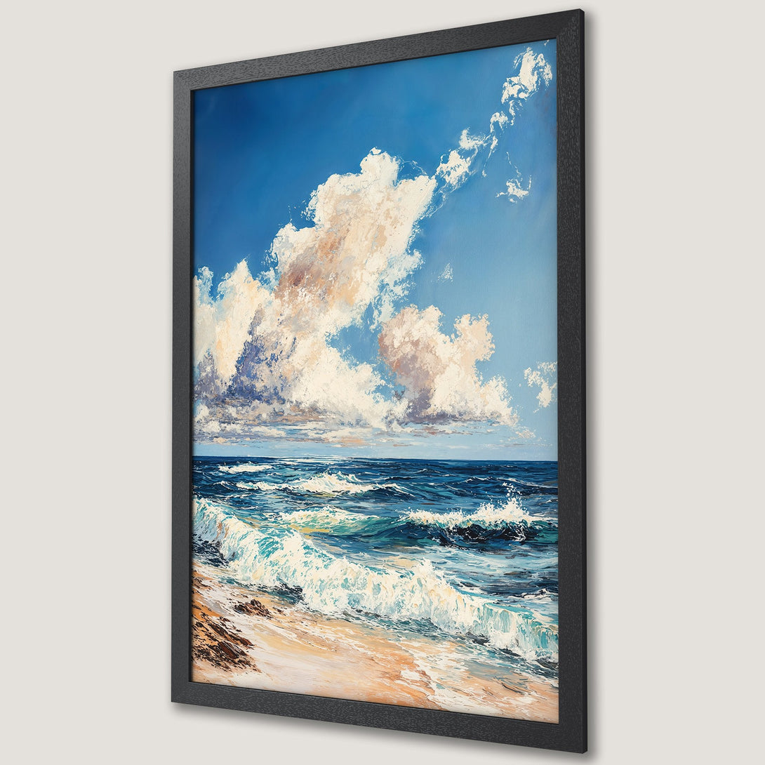 Framed Poster of a seascape painting with blue, white, and beige colors. Impressionist style art print for coastal decor.