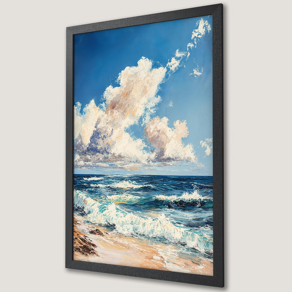 Framed Poster of a seascape painting with blue, white, and beige colors. Impressionist style art print for coastal decor.