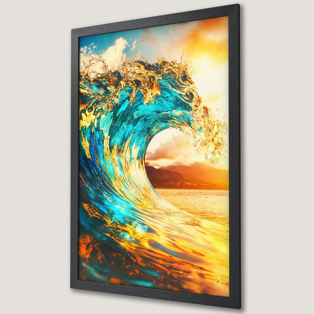 Framed Poster featuring a vibrant ocean wave in teal, gold, and orange hues. Coastal art for your home.