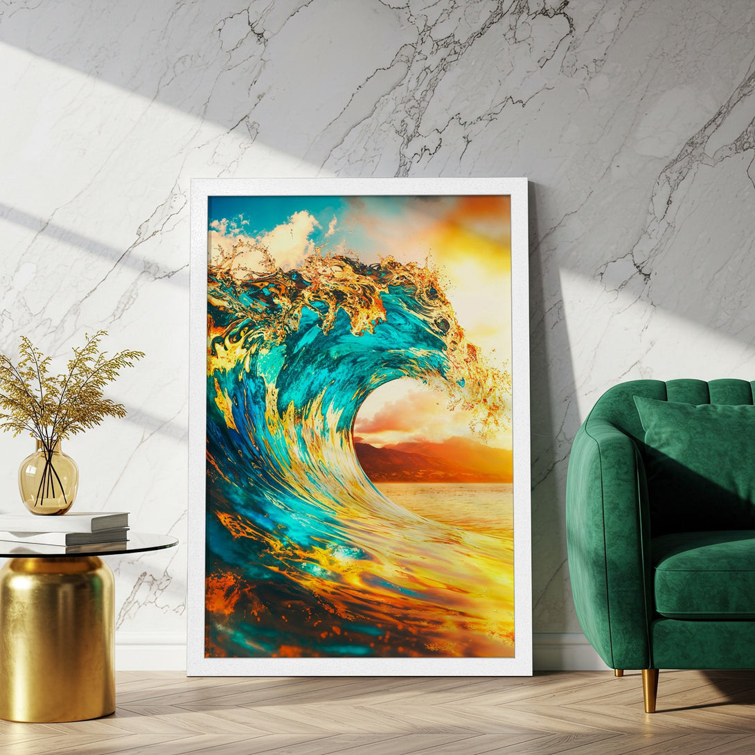 Framed Poster featuring a vibrant wave in teal, gold, and orange. Modern art style, perfect for coastal decor.