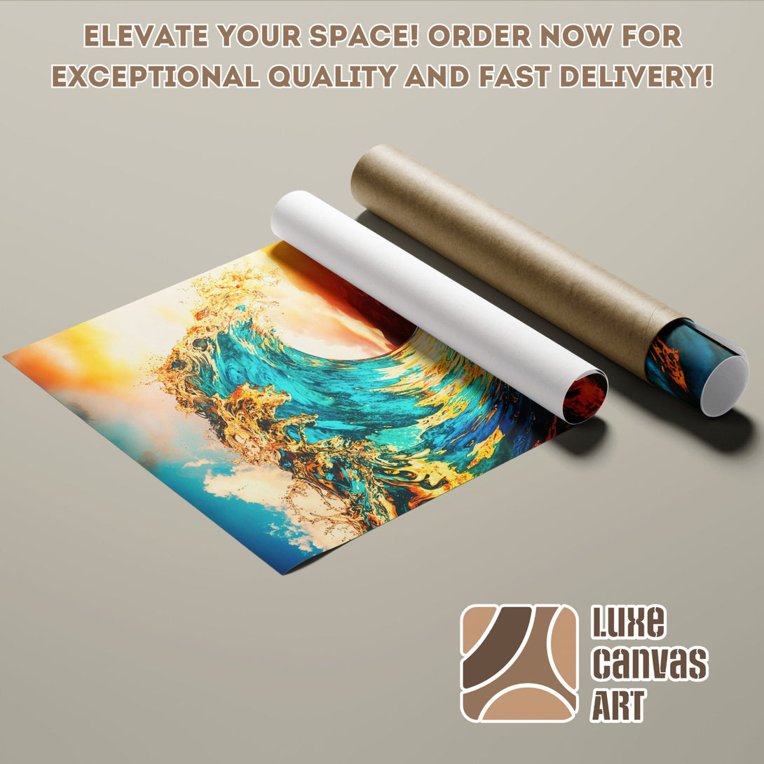 Abstract wave poster roll, vibrant teal and gold art, ready to elevate your space!