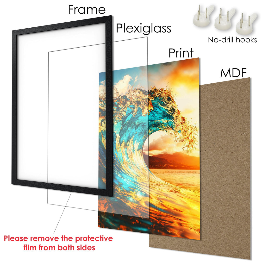 Framed Poster of a wave, vibrant colors, ocean art. Ready to hang!