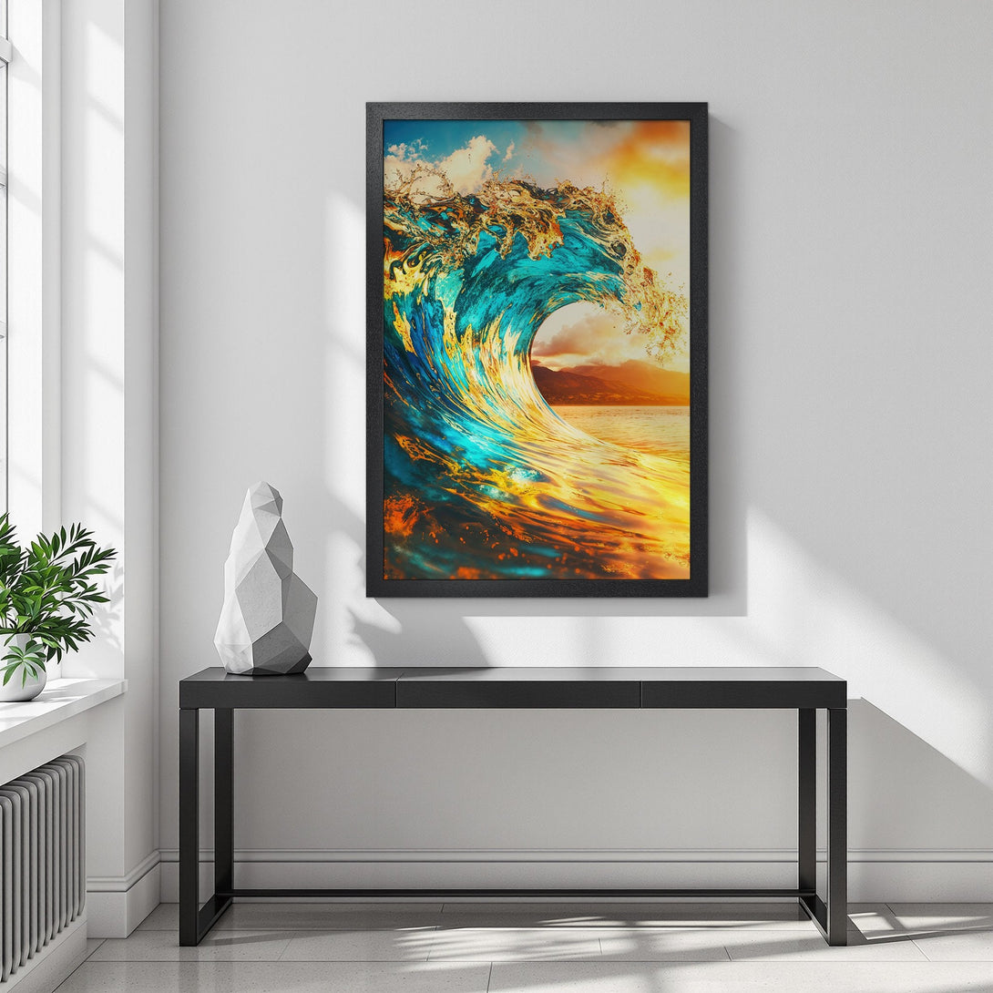 Framed Poster featuring a vibrant wave, capturing the beauty of the ocean. Stunning artwork with a blue, gold, and orange color palette. Perfect wall decor!