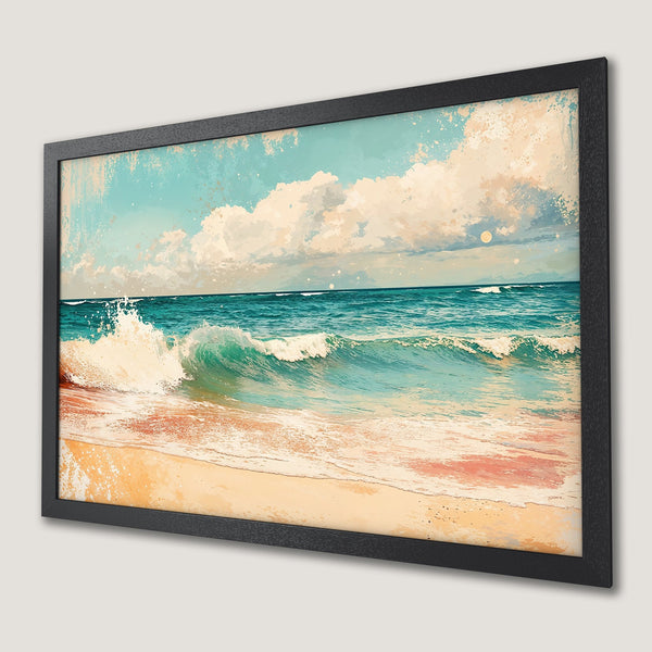 Framed Poster of a serene beach scene in a watercolor style, featuring ocean waves and a calming blue and beige color palette.