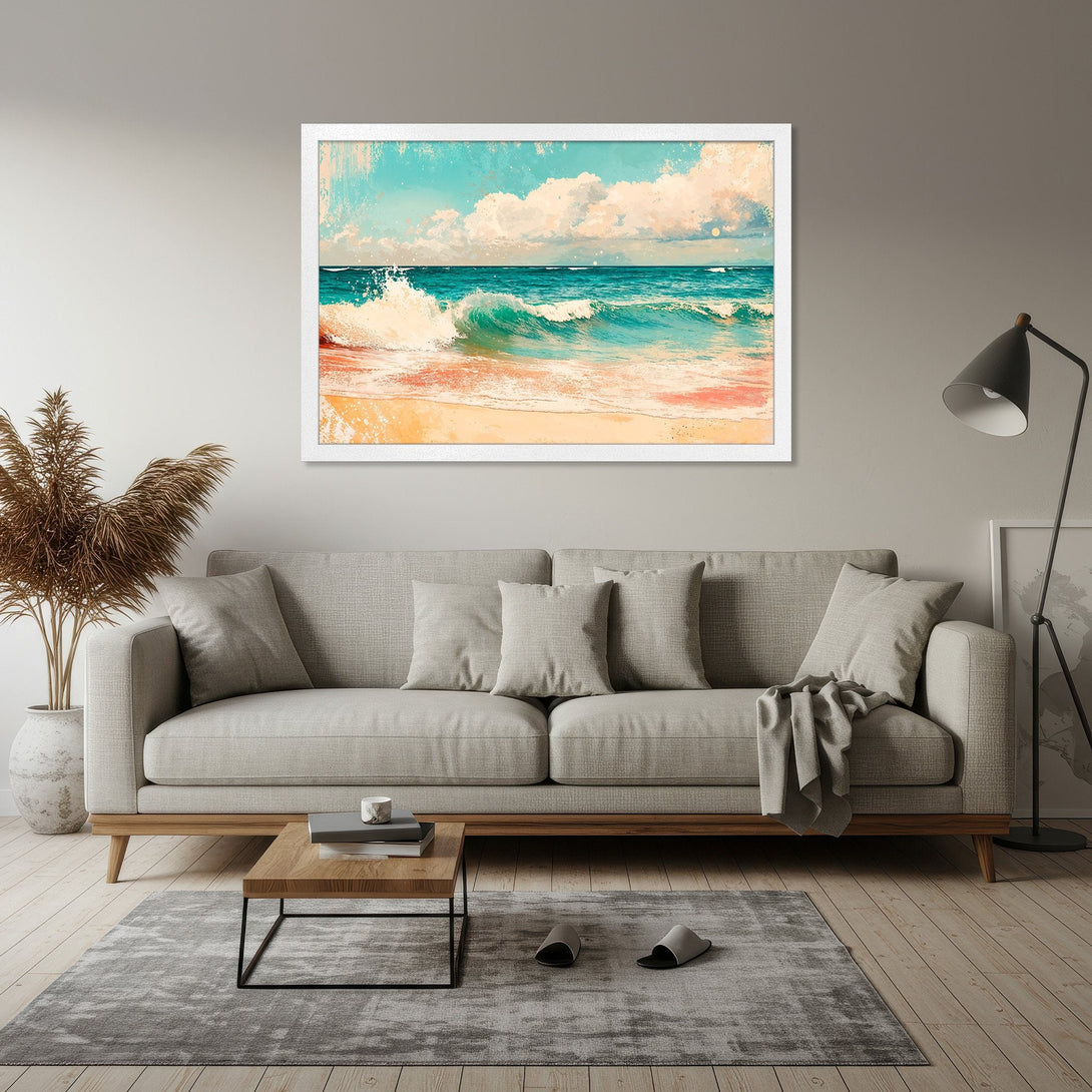 Framed Poster of a vibrant beach scene with turquoise waves, pastel sky, and warm sand. Coastal art in a calming, inviting color palette.