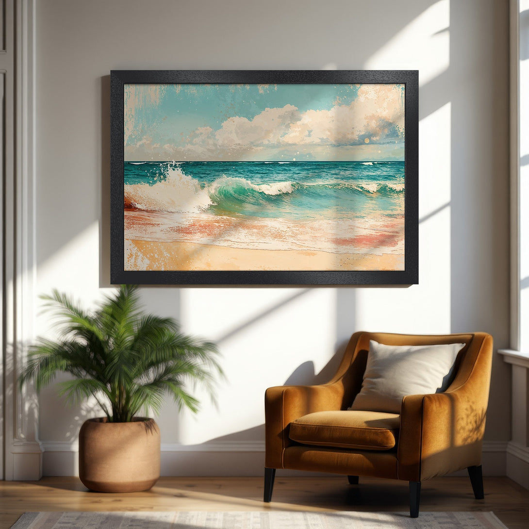 Framed Poster of a serene beach scene with turquoise waves and a warm color palette. Coastal art for your home!