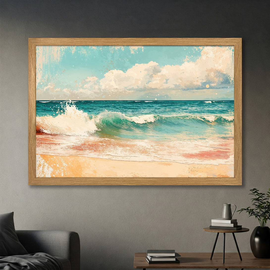 Framed Poster of a serene beach scene in watercolor style. Features a calming blue, turquoise, and sand color palette. Perfect for coastal decor.