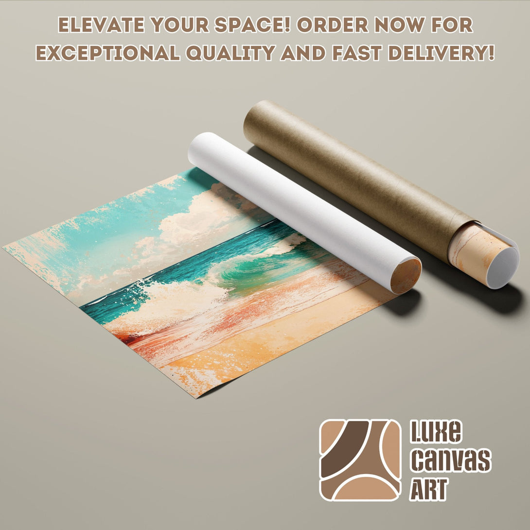 Poster Roll of ocean art print. Coastal style with blue, teal, and beige color palette. Elevate your space!