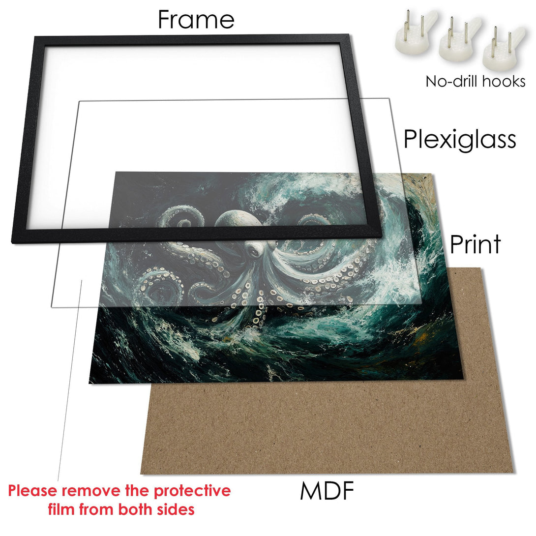 Framed Poster featuring an octopus in a dark, artistic style with a teal and black color palette. Perfect wall art!