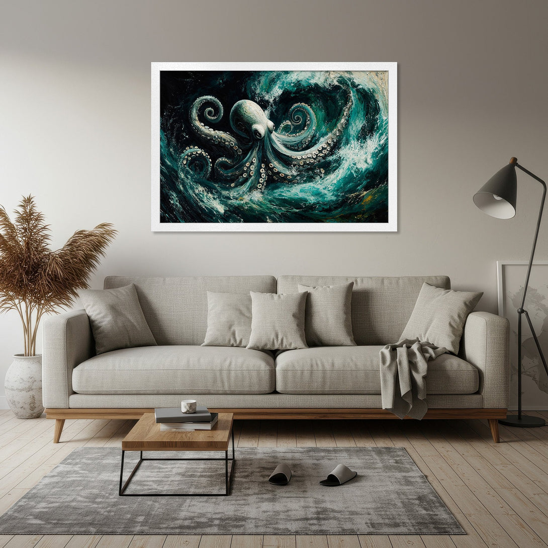 Framed Poster featuring an octopus in teal and black, artistic style. Perfect wall art for a modern home.