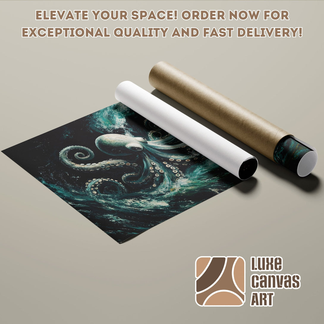 Octopus Poster Roll in teal and black, artistic style, perfect wall art.