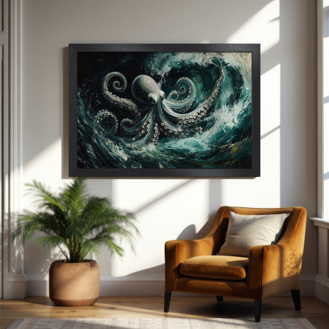 Framed Poster featuring an octopus in swirling ocean waves, artistic style with teal and dark blue color palette. Perfect wall art!