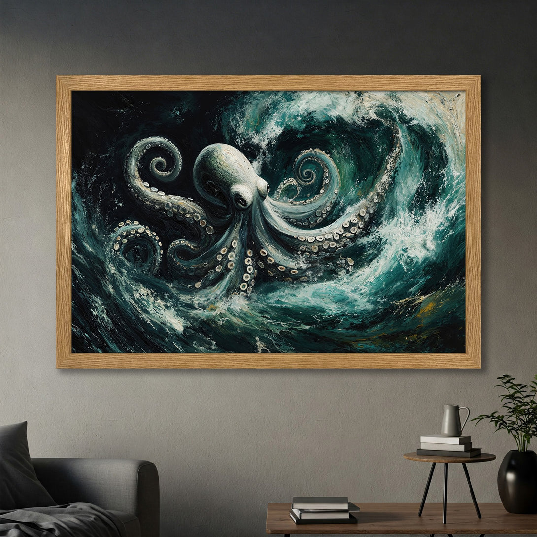 Framed Poster featuring an octopus in a sea storm, painted in a dramatic style with a teal and dark blue color palette.